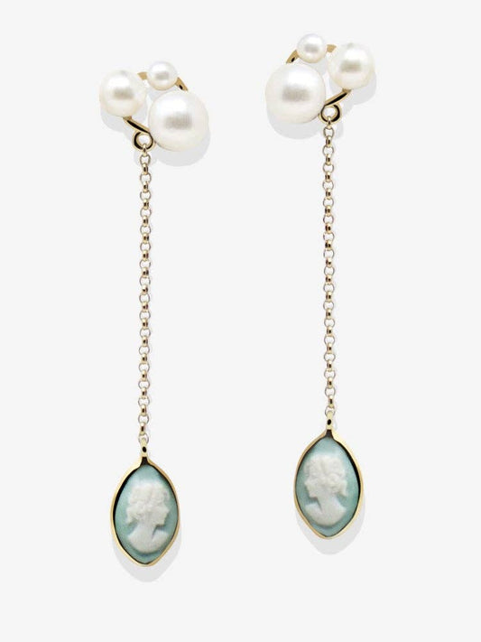 Lilith Gold-plated Green Cameo And Pearl Drop Earrings