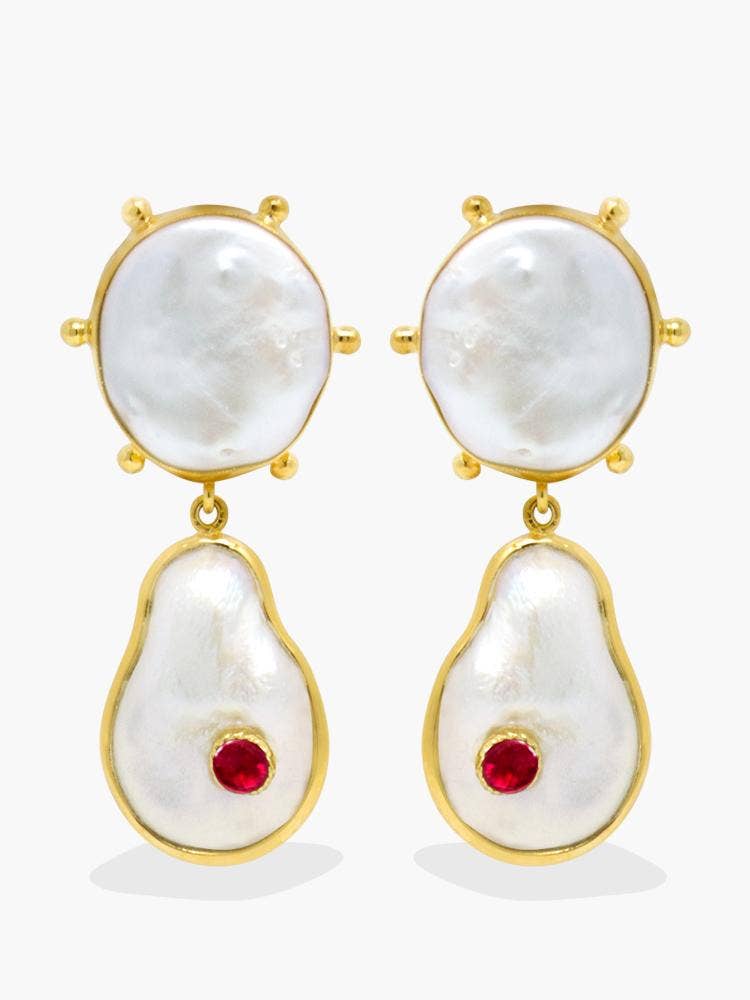 18K Gold-plated Silver Ruby & Pearl Statement Earrings
