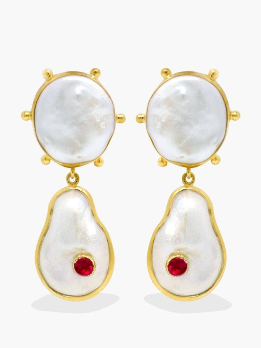 18K Gold-plated Silver Ruby & Pearl Statement Earrings