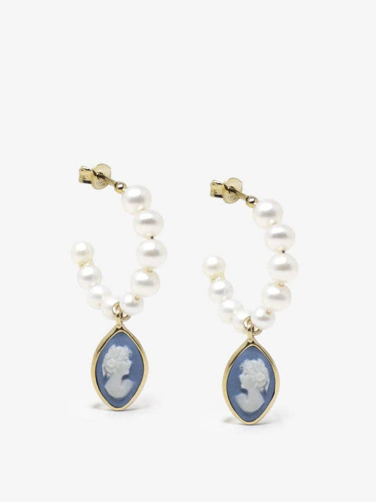 April Gold-plated Pearl And Sky Blue Cameo Hoop Earrings