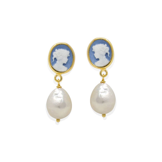 18K Gold plated Pearls & Sky Blue Cameo Earrings