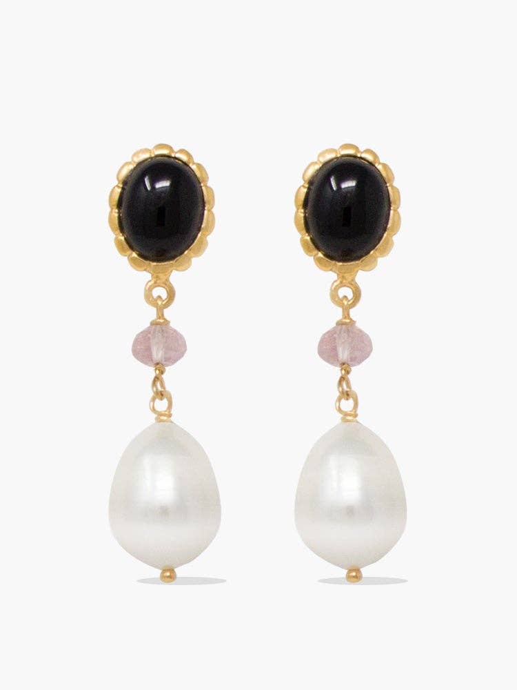 Onyx, Pink Quartz & Pearl Drop Earrings